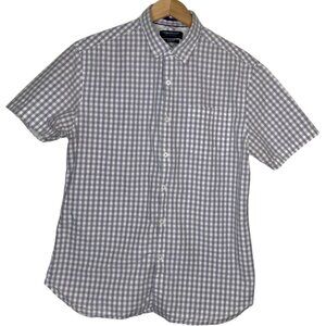 Denim & Flower Men Button Down Short Sleeve Dress Shirt Blue White Gingham Large